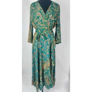 Cienna Large Teal Paisley Wrap Maxi Silk Blend Dress Bell Sleeves Boho Ethereal